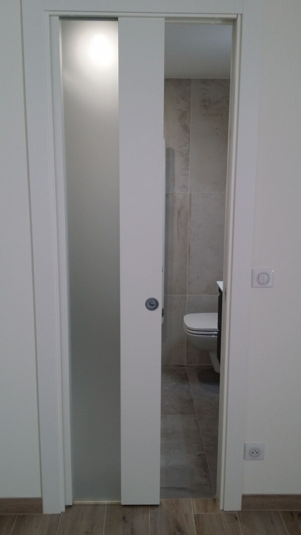 Un pasillo estrecho que conduce a un baño con inodoro y zona de ducha.