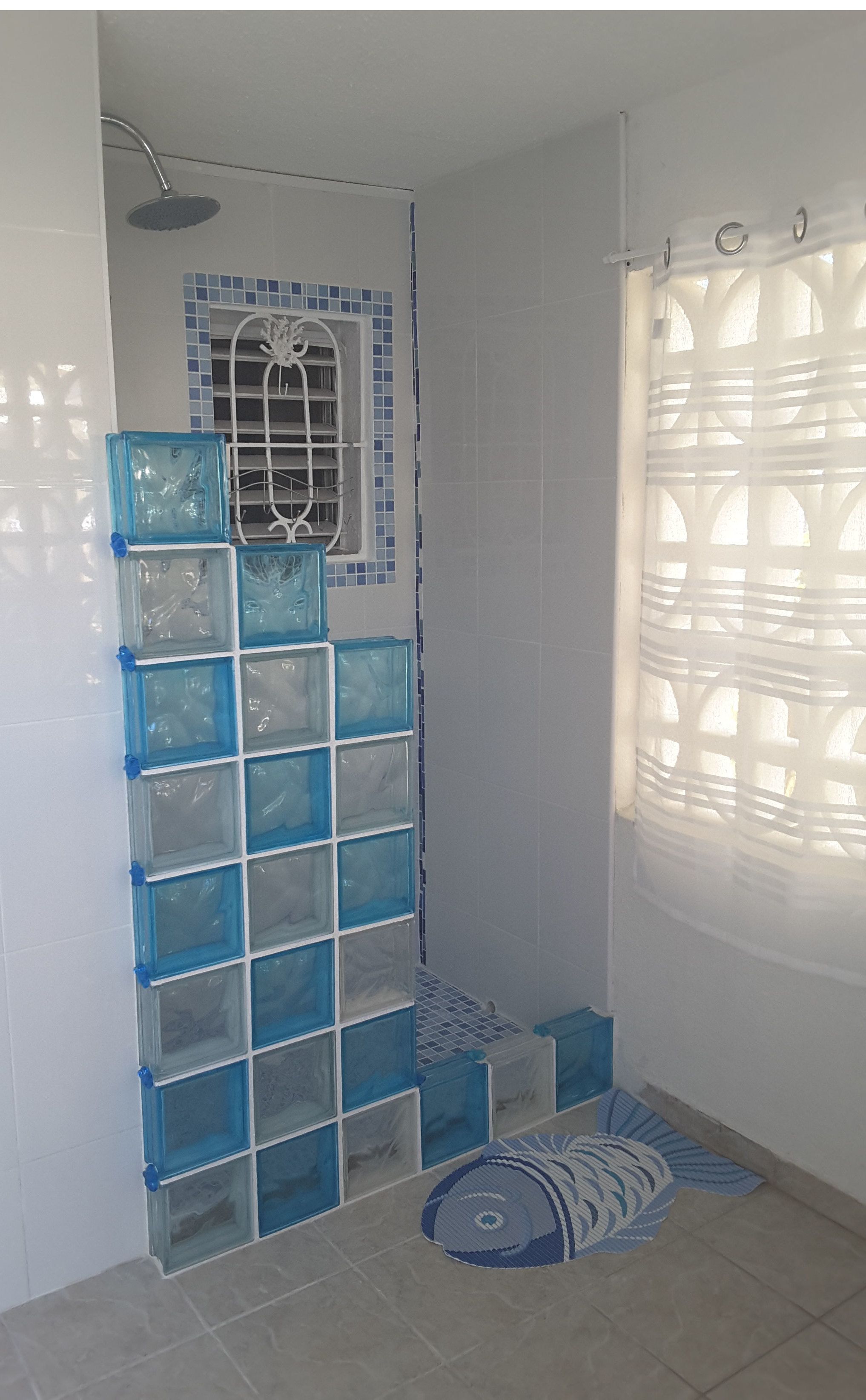 A bathroom with a shower, a window with blue-tiled walls, and a patterned rug.
