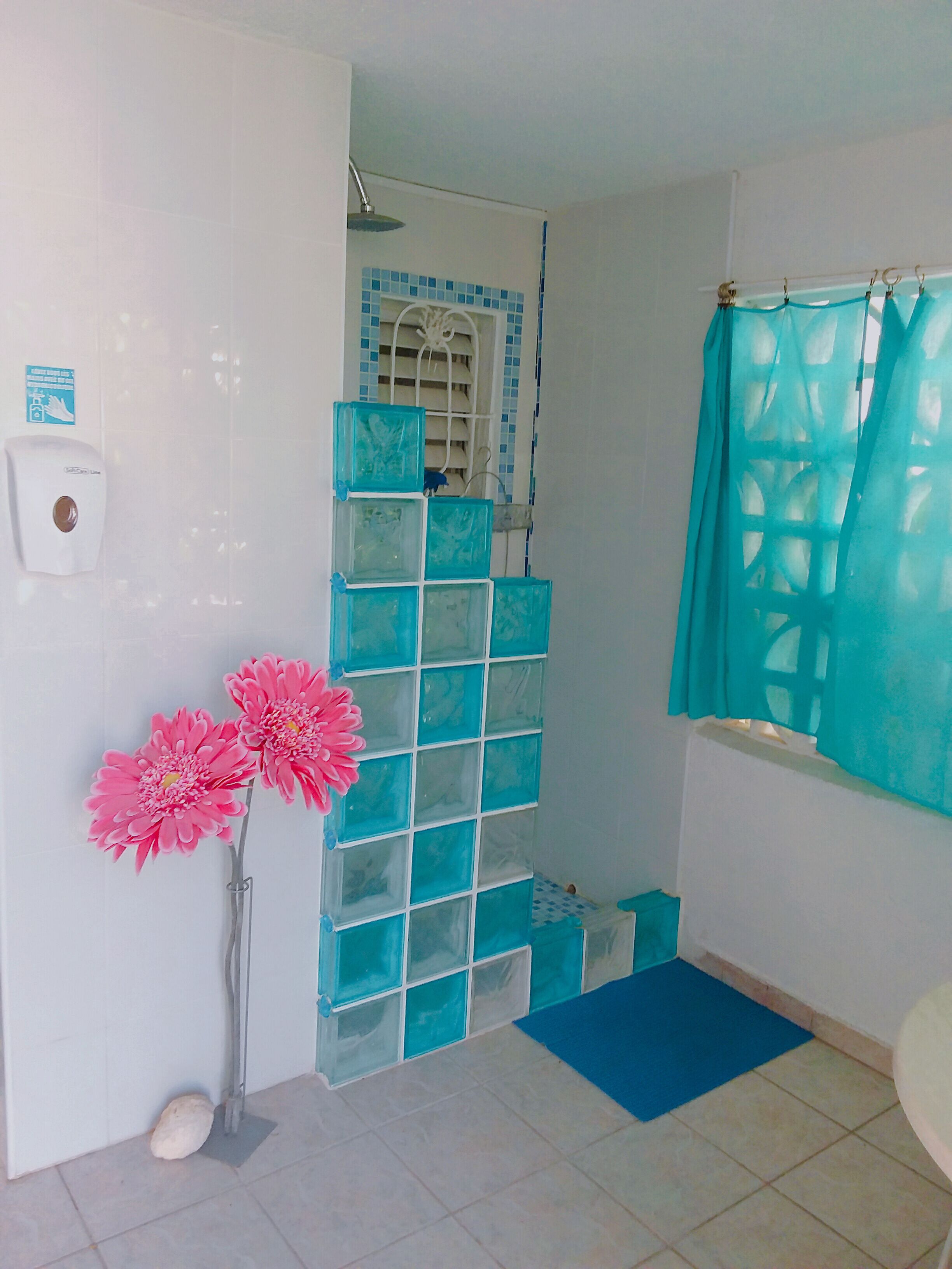 A bathroom with a shower, a hand sanitizer dispenser, a blue mat, and pink flowers.