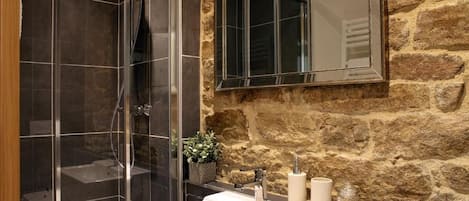 Un baño con ducha envuelta en vidrio, un lavamanos con espejo superior y una pared de piedra.