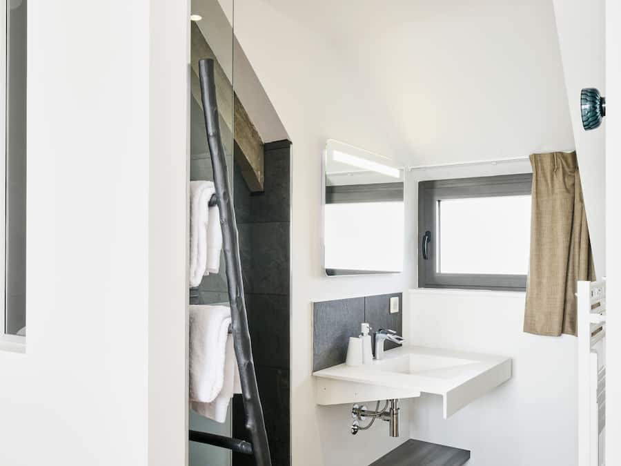 A modern bathroom with a shower, a sink, and a mirror.