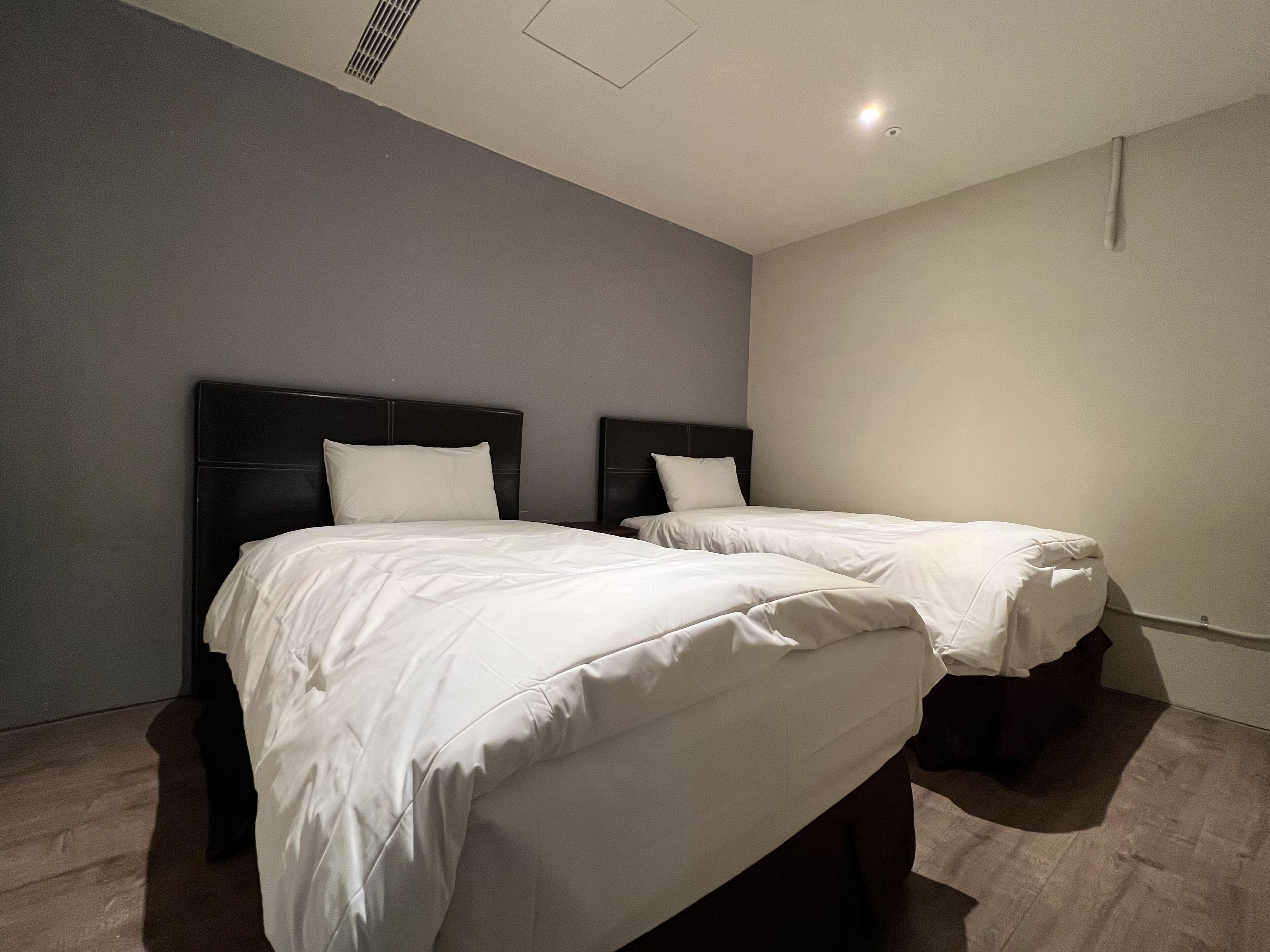Een hotelkamer met twee bedden, een donker hoofdbord en een lichtgekleurde wand.