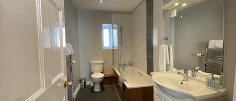 Un baño moderno con inodoro, ducha y lavamanos.