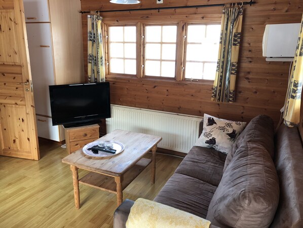 Una camera accogliente in stile chalet con arredamento in legno, una televisione su un tavolino in legno, un divano e una finestra con tende.