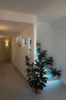 Un pasillo con una escalera, plantas en macetas y espejos en la pared.