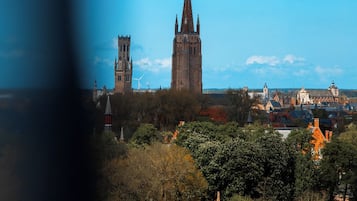 A historic church with a tall spire, surrounded by trees and residential buildings.