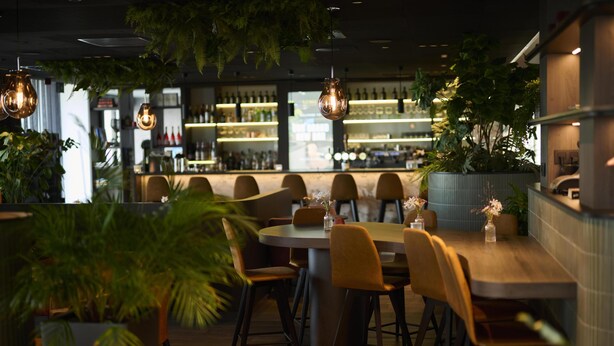 A restaurant with round tables, chairs, hanging lights, and potted plants. - Radisson Blu Hotel Bruges (Bruges)