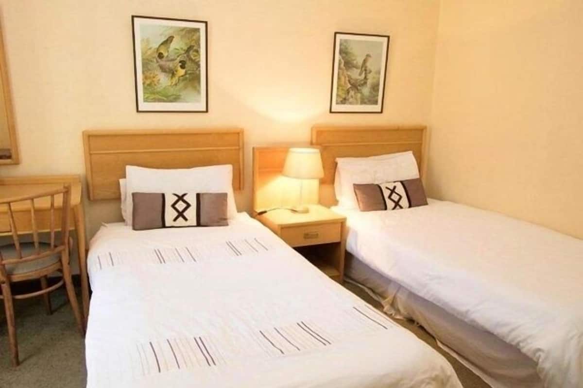 A hotel room with two single beds, a desk, and a chair.