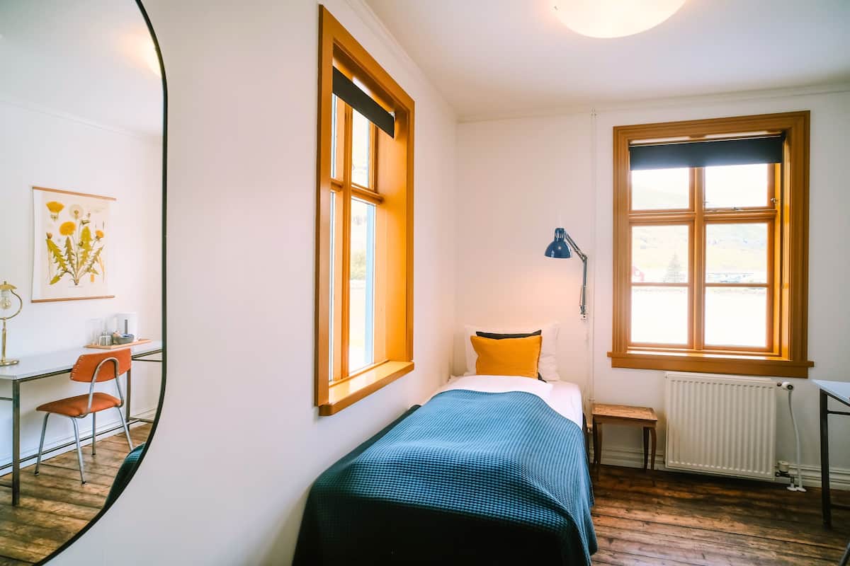 A room with a bed, a desk with a chair, a radiator, and two windows.