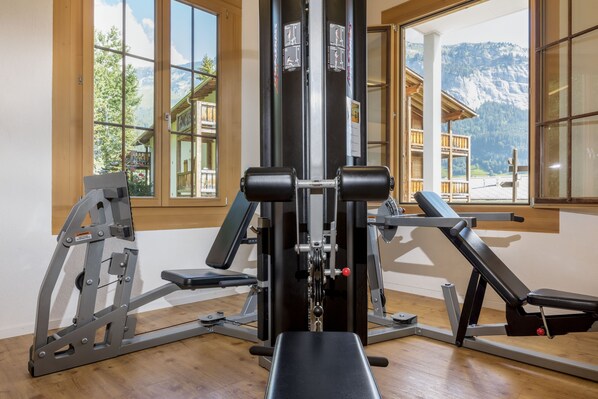 Un gimnasio con máquinas de pesas, bancos y vistas a montañas a través de amplios ventanales.