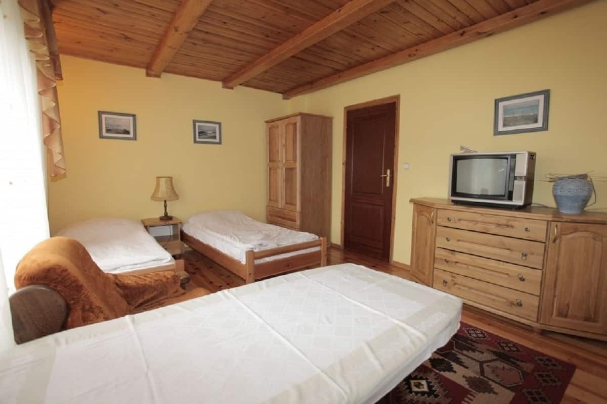 A bedroom with two beds, wooden cabinets, a television, and framed pictures on the wall.