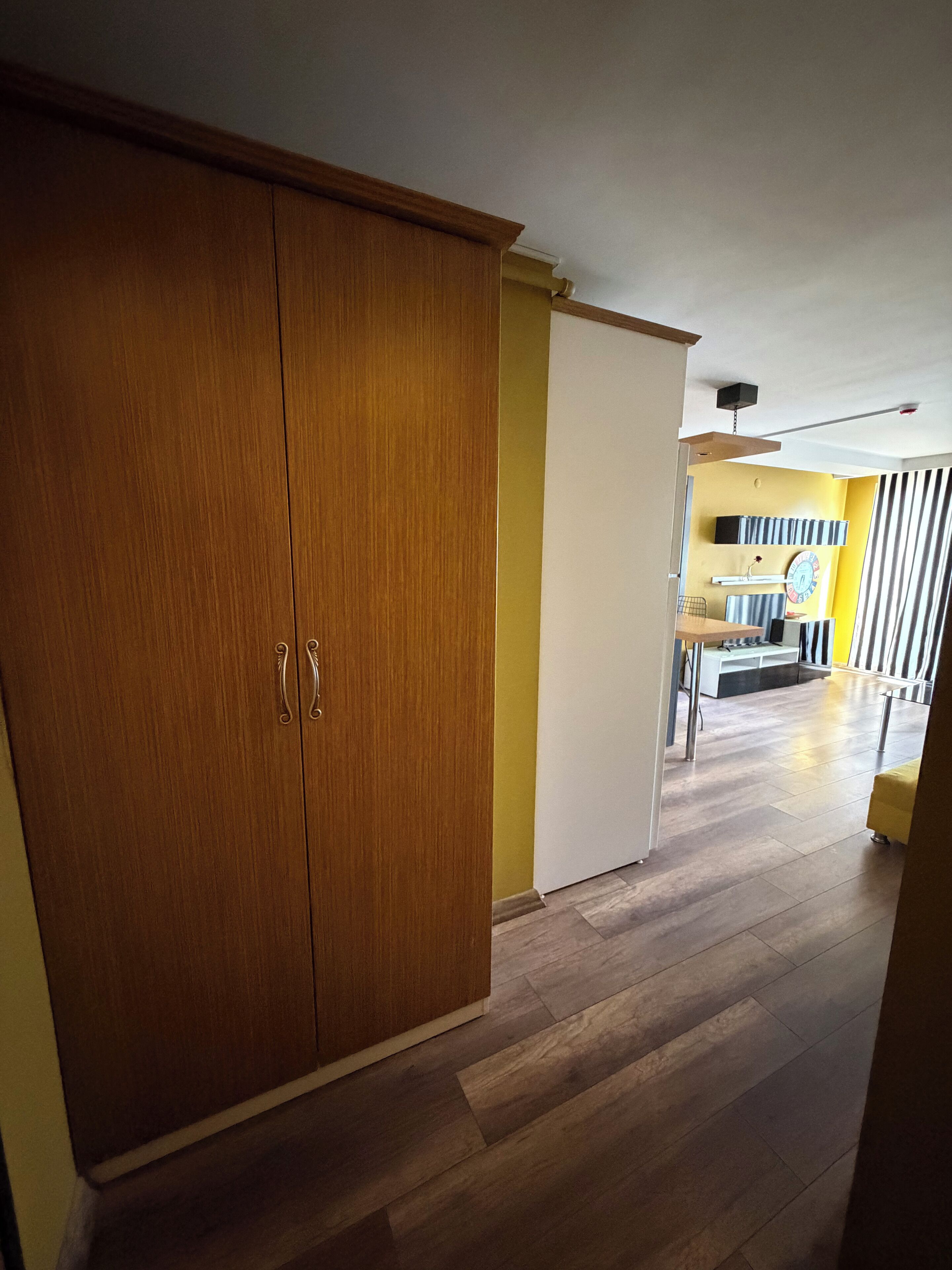 A hallway with wooden flooring, a large wardrobe, and a yellow wall.