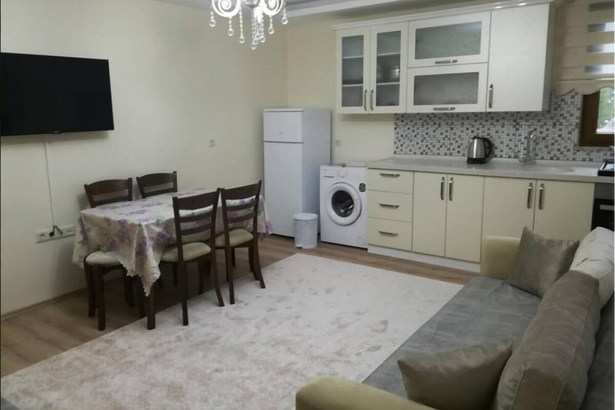 A compact kitchen with a washing machine, a dining table with chairs, and a sofa.