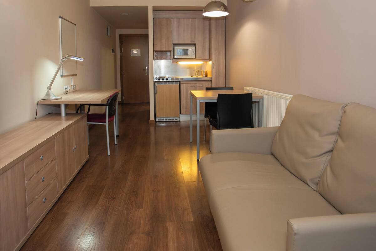 A modern, compact living space with a kitchenette, a dining area, and a seating area.