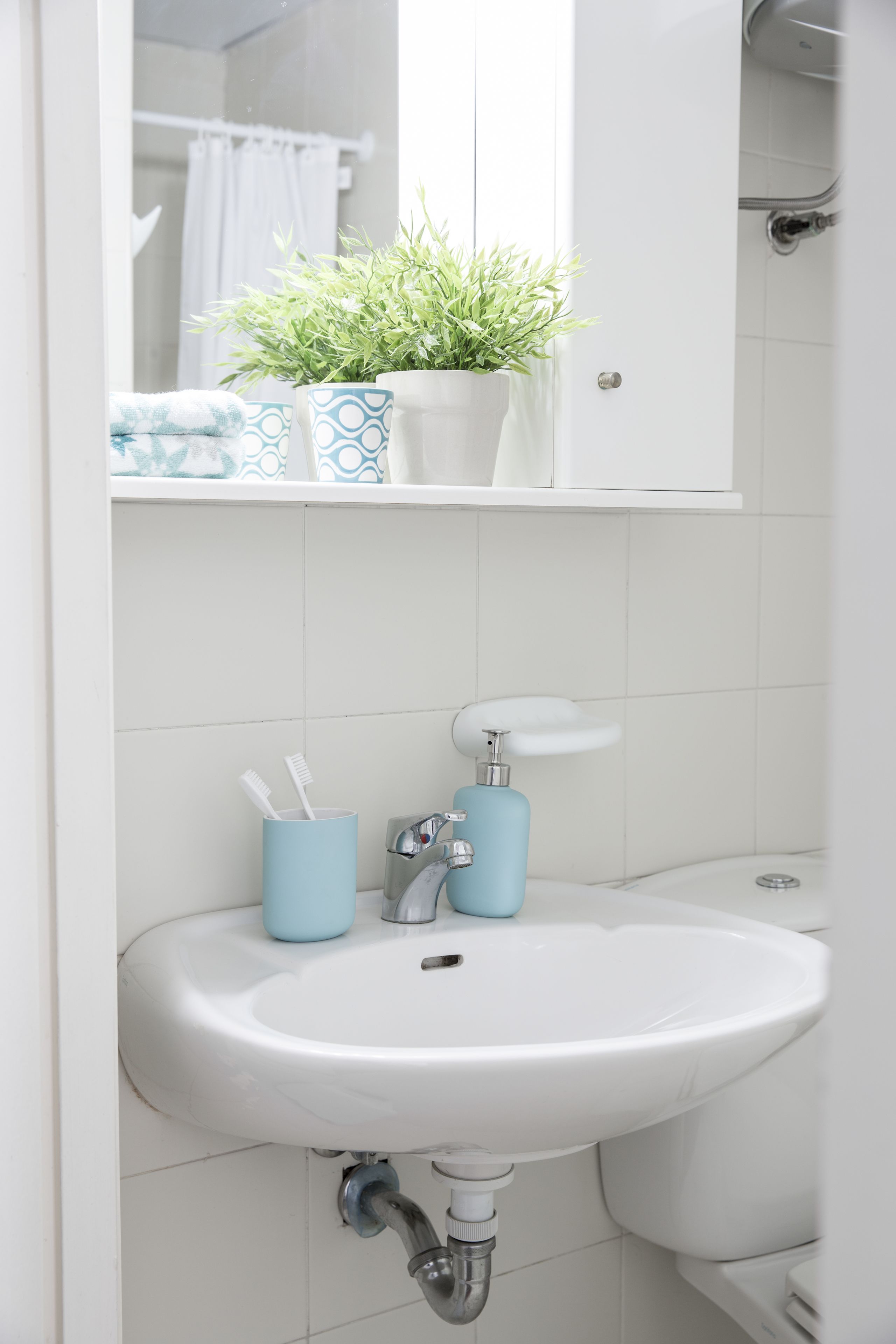 A bathroom with a white sink, blue toothbrush holder, and a potted plant on the shelf.