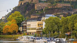 Un castillo histórico en una colina con vistas a un puerto deportivo con barcos.