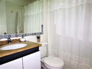 Een badkamer met een houten wastafelmeubel, een witte wasbak, een spiegel, een toilet en een douchegordijn.