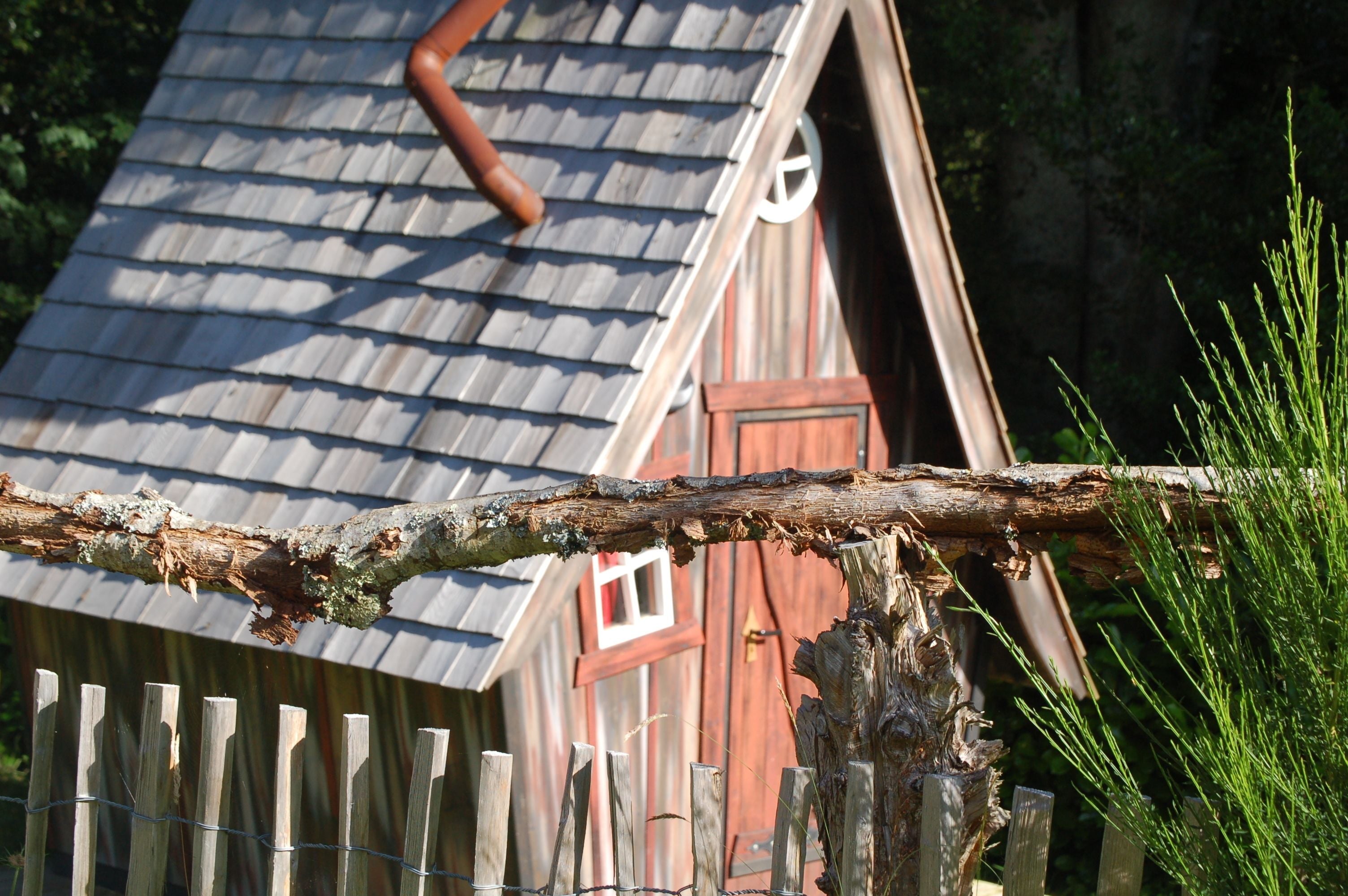 A rustic wooden building with a sloped roof, a wooden fence, and a tree branch in the foreground.