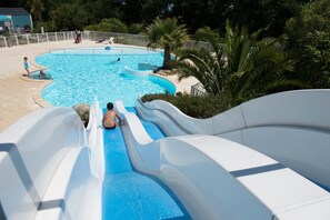 A water slide leading into a pool surrounded by palm trees and a fenced area with lounge chairs. - Insolites Du Camping De Trezulien (Douarnenez)
