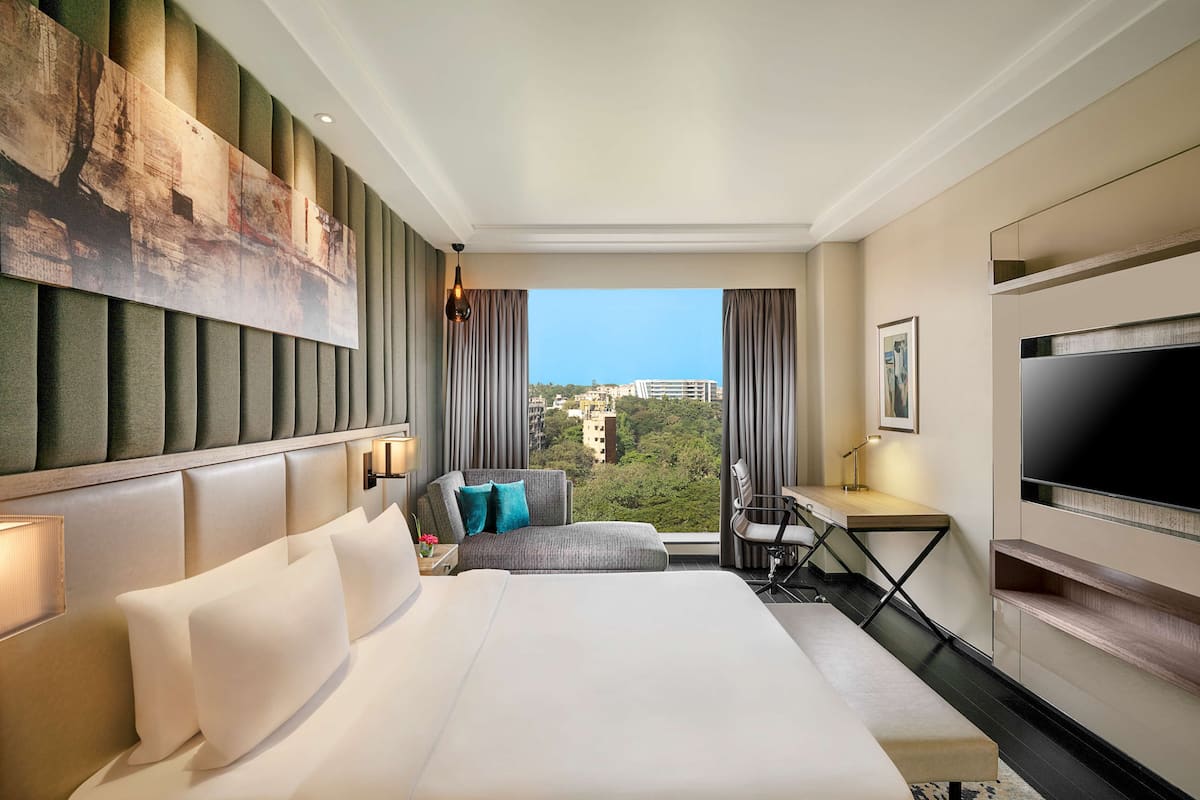 A hotel room with a large bed, a desk, a chair, a TV, and a view of the city.