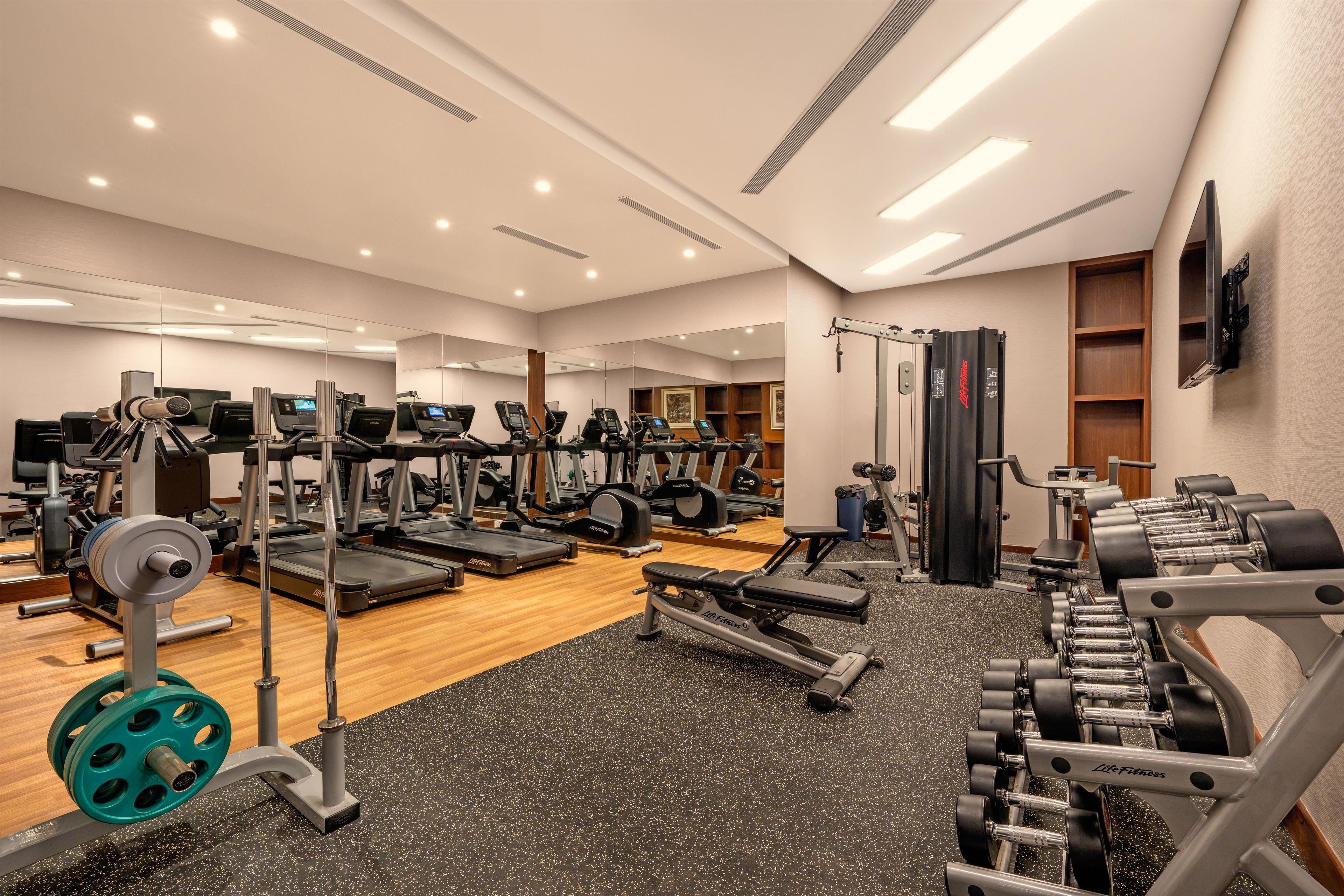 A gym with treadmills, weight machines, and a mirror wall.
