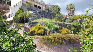 Ein mehrstöckiges Gebäude mit einer Steinmauer, Palmen und üppiger Vegetation.