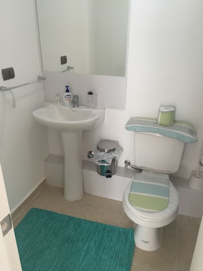 Une salle de bain avec un lavabo blanc, des toilettes et une poubelle.