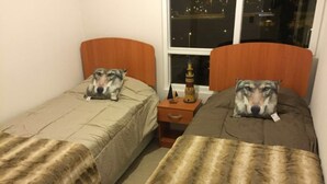 Twee enkele bedden met hoofdborden, een nachtkastje met lamp en een raam met uitzicht op de stad.