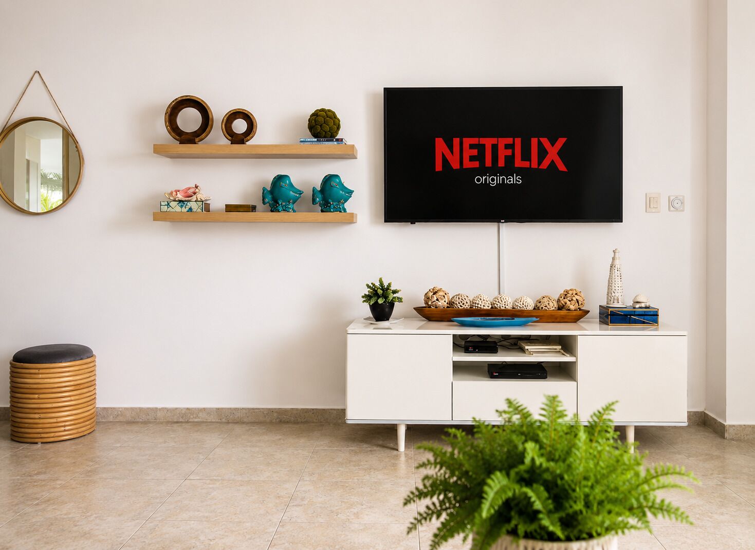 A living room with a TV displaying 'NETFLIX originals,' a white cabinet, a mirror, and a potted plant.