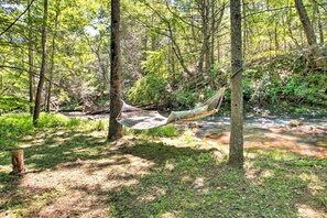 A hammock in a forested area with a stream. - Cabin on Mountain Stream, Surrounded by Forest (McDowell)