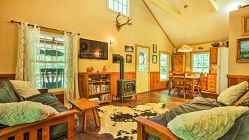 TV, fireplace, DVD player, books