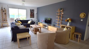 Smart TV, DVD player, books, music library