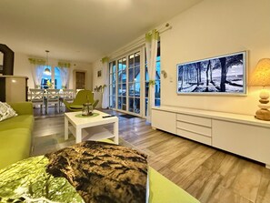 Een televisie, een open haard, een dvd-speler en boeken