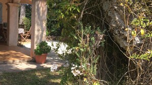 A garden area with a pergola, potted plants, and flowering shrubs. - Villa 6 People Saint Raphaël 5 min drive from the Beach, 2 min Golf courses (Saint-Raphaël)