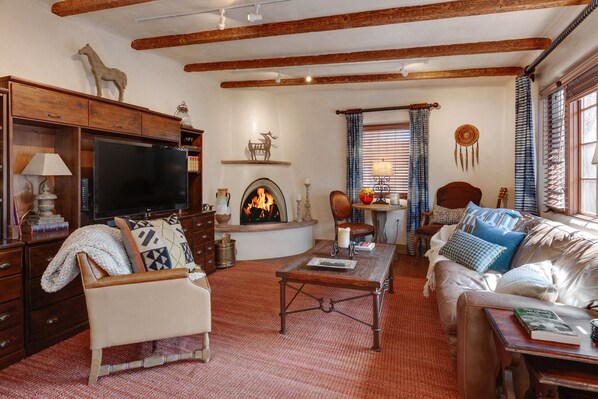 Smart TV, fireplace, books