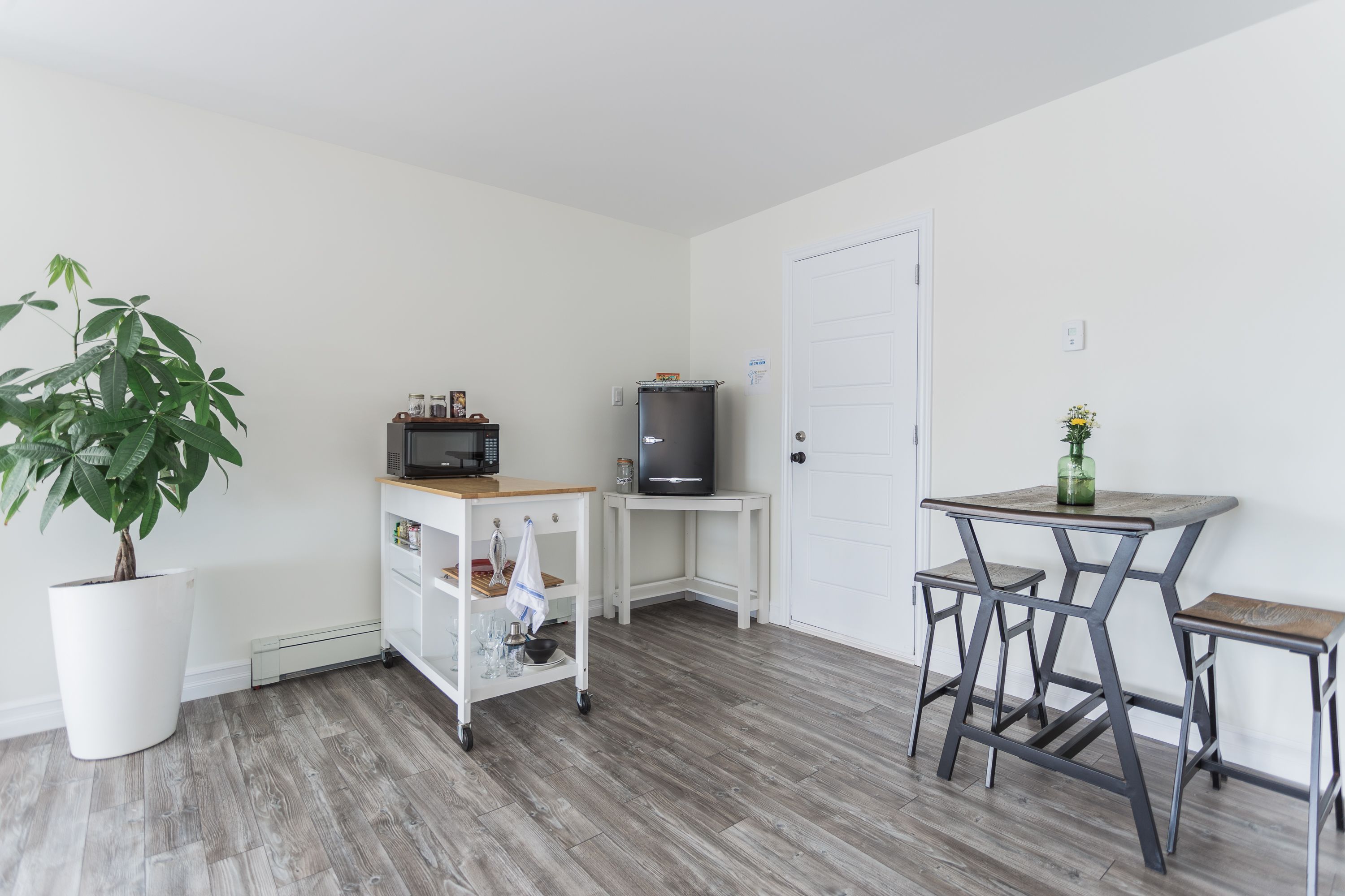 Una habitación pequeña y limpia con una puerta blanca, un microondas, una mesa pequeña con un florero verde y una planta.