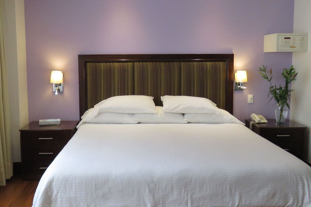 Una habitación de hotel con una cama grande, dos mesitas de noche, un florero y aire acondicionado instalado en la pared.