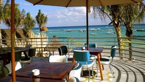 A seaside restaurant with outdoor seating, a thatched roof, and a view of the ocean with boats.