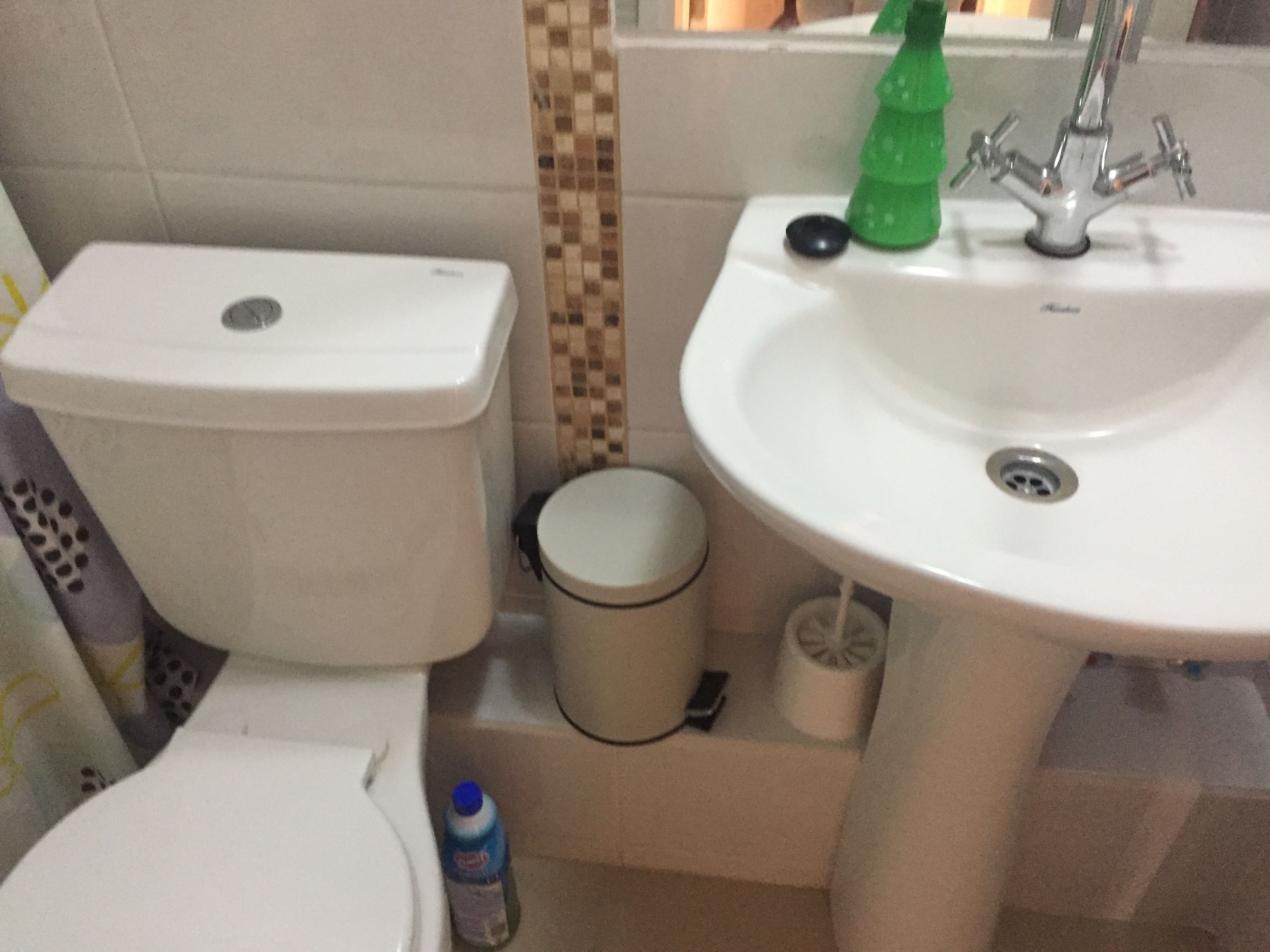 Une salle de bain équipée de toilettes, d’un lavabo et d’une poubelle.