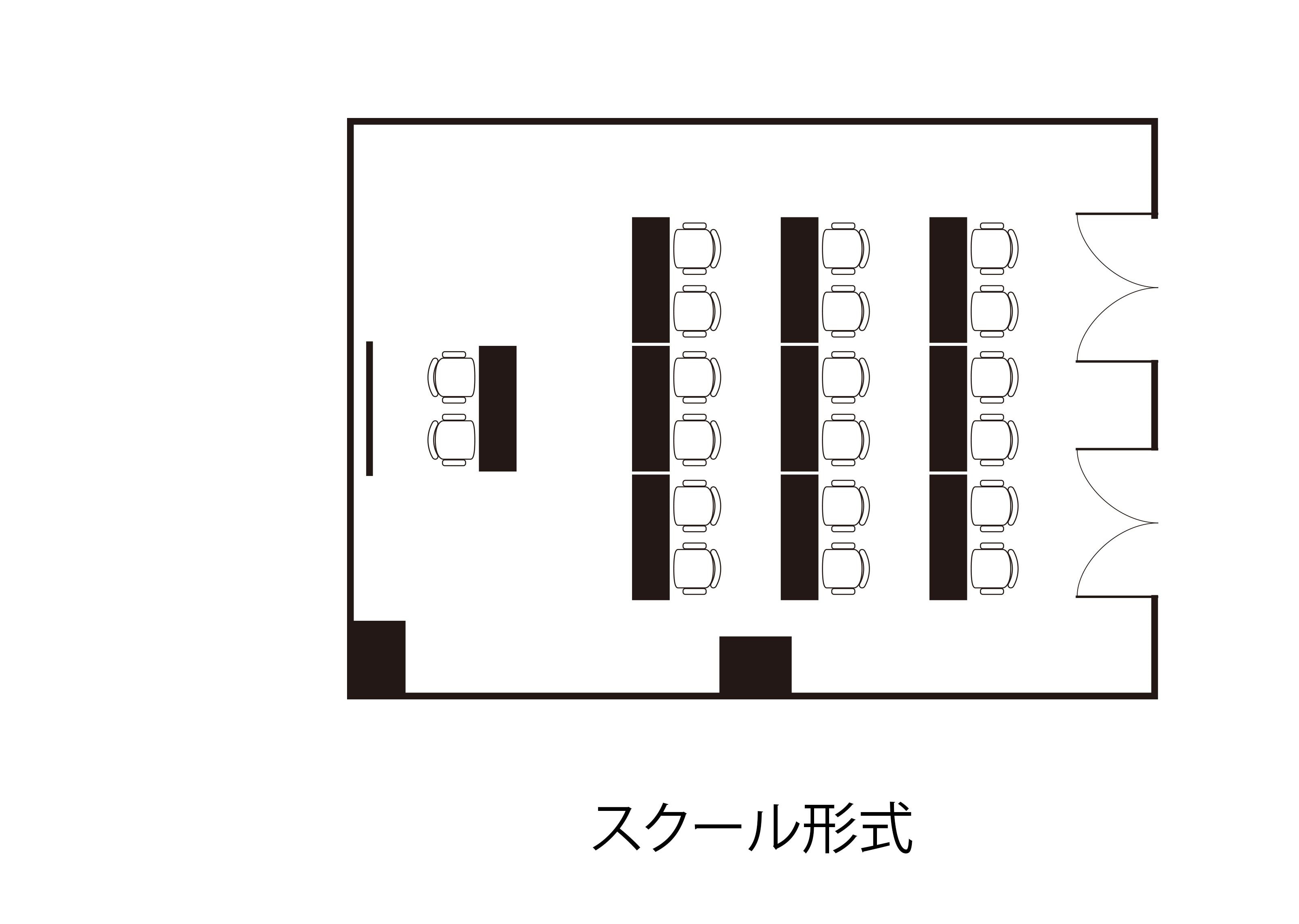 Ein schematisches Layout eines Klassenzimmers mit Tischen und Stühlen in Reihen.