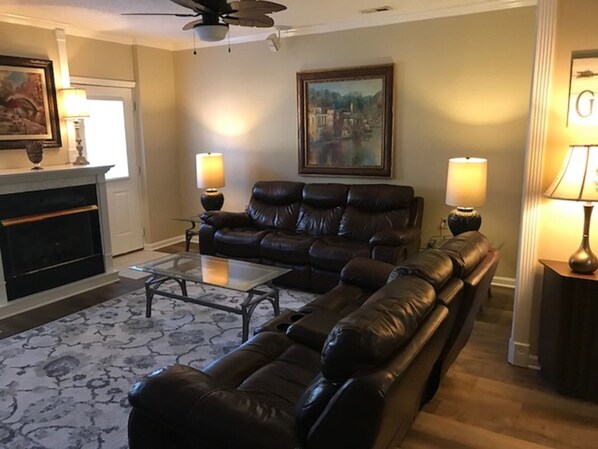 Smart TV, fireplace, video games, DVD player