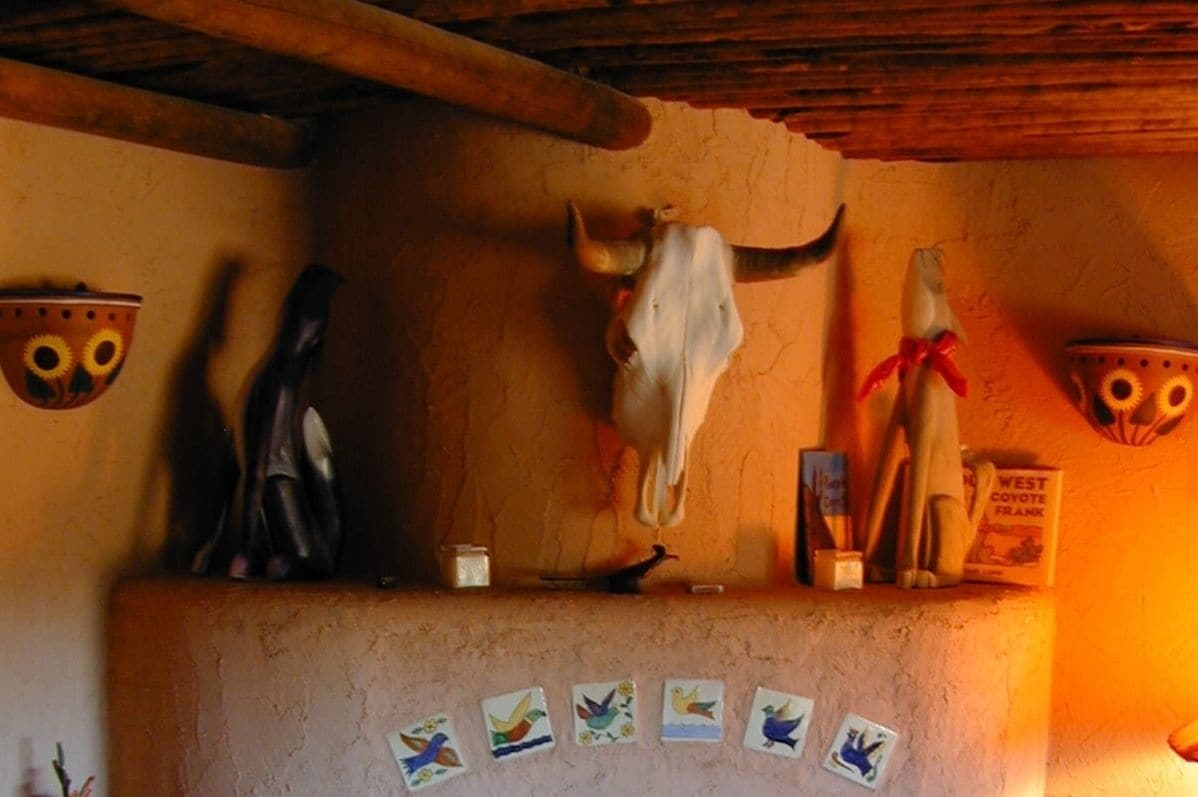 Interior rústic amb un crani de vaca penjat a la paret, una biga de fusta al sostre i una estanteria amb diversos objectes, incloent un llibre anomenat "West Coyote Frank".
