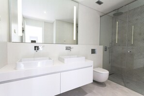 Combined shower/tub, hair dryer, towels