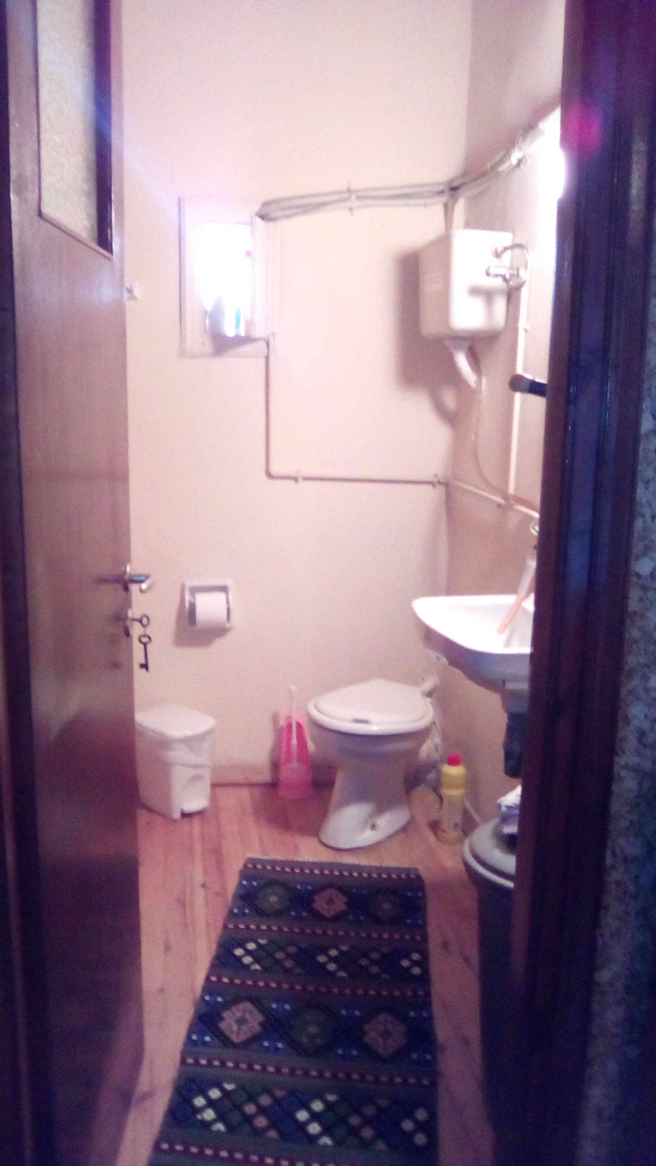 Une petite salle de bain avec des toilettes, un lavabo et un tapis.