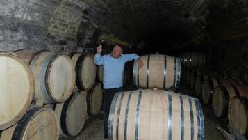 A man standing in a cellar with wooden barrels.