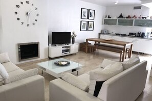 Una televisión, una chimenea, un reproductor de DVD, una videoteca