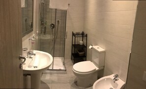 Shower, hair dryer, bidet, towels