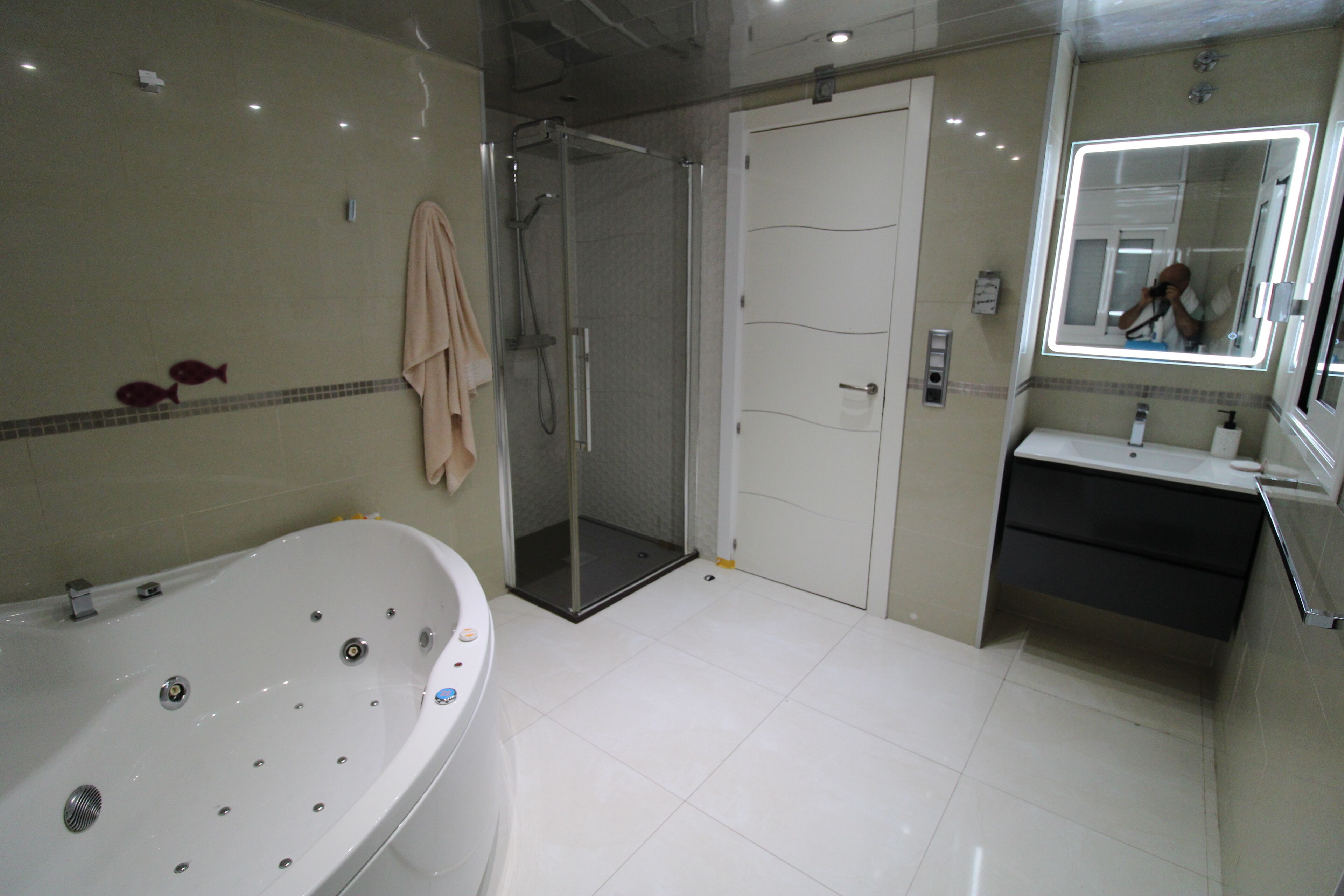 Hair dryer, towels, soap, shampoo