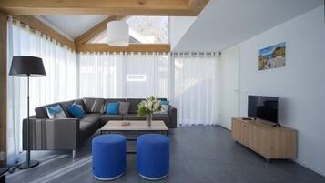 Een televisie en een open haard