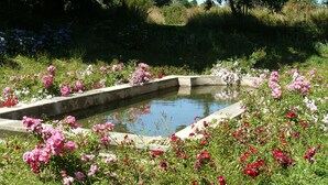 A garden with a rectangular water feature surrounded by pink and red flowers. - Character cottage **** Manor of Kerdanet Poullan sur Mer Sud Finistère Brittany (Poullan-sur-Mer)